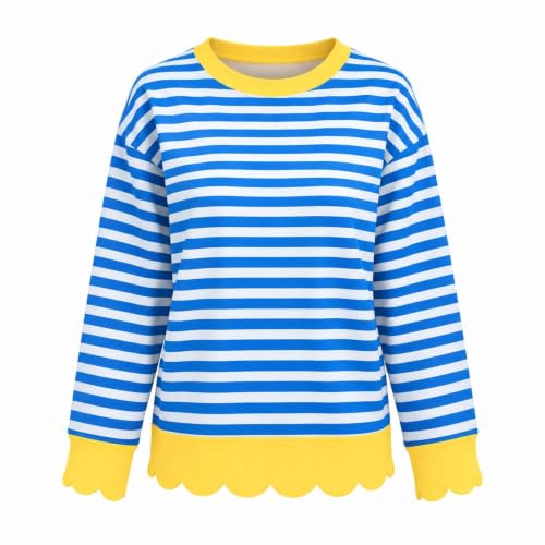 Womens Striped Sweatshirt Cotton Scalloped Hem Color Block Pullover | Women Clothes Trendy 2026, Round Collar, Scalloped, Cozy, Weekend, School, Casual, Work, Travel, Layering, Going Out - image 5