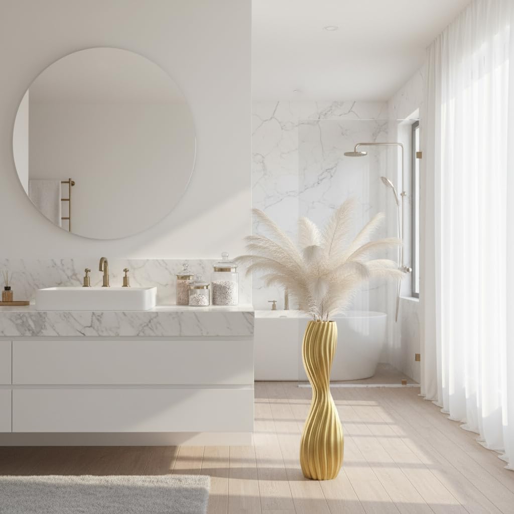 Golden S-Curve Floor Vase, 24 Inch Tall Striped Resin Vases for Home Decor, Large Sturdy Vases with Weighted Base for Dried Pampas Grass, Tall Floor Vase for Living Room, Office & Bedroom