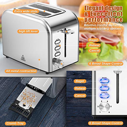 Toasters 2 Slice Best Rated Prime 1.5in Wide Slot with Bagel/Reheat/Cancel Function Stainless Steel Cool Touch 2 Slice silver Toaster for Bread with Removable Crumb Tray