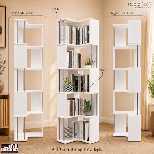 Image of Studio Kook Vista Engineered Wood Corner Bookshelf | Bookcase (Matte Finish) (Moonshine White)