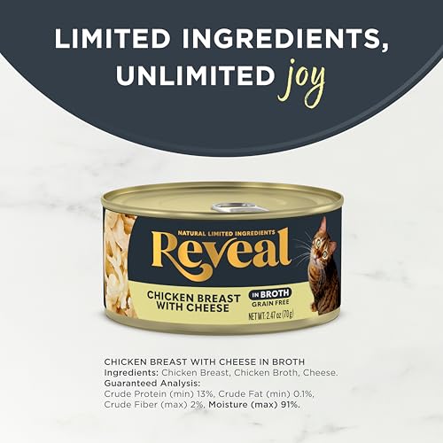 Image of Reveal Chicken & Cheese in Broth Wet Cat Food 24-Pack 2.47 oz Cans | 100% Natural, High Quality Protein, Limited Ingredient, Grain Free, No Fillers, No Artificial Additives, No By-Products