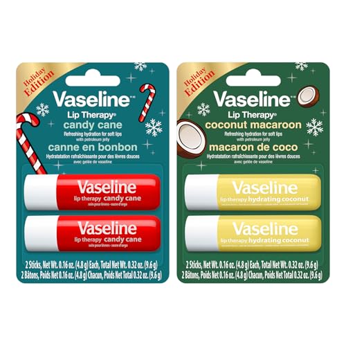 Vaseline Holiday Edition Lip Therapy Set, Candy Cane and Coconut Macaroon Flavors, 2-Pack Bundle with 4 Total Sticks, 0.16 oz Each