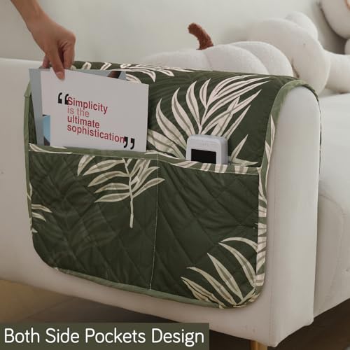 Image of HOKIPO Printed Waterproof + Anti-Slip + Quick Dry Sofa Armrest Cover with Pockets (2Pcs), Palm Leaves Olive (AR-5237-P8-L*2)