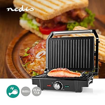 Nedis - Kontakt Grill - Automatischer Temperaturkontrolle - Platte mit Anti-Haft-Beschichtung - Betriebs- und Bereitschaftsanzeige - Cool-Touch-Griff - Abtropfwanne - 1600 W - 25.6 x 17.8 cm - Metall – Bild 3
