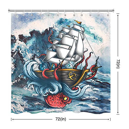 Nautical Octopus Shower Curtain Ocean Animal Sailboat Ship Sea Wave Bathroom Window Decor Set With Hooks Waterproof Polyester Fabric Machine Washable 72X72 Inch #TOP1