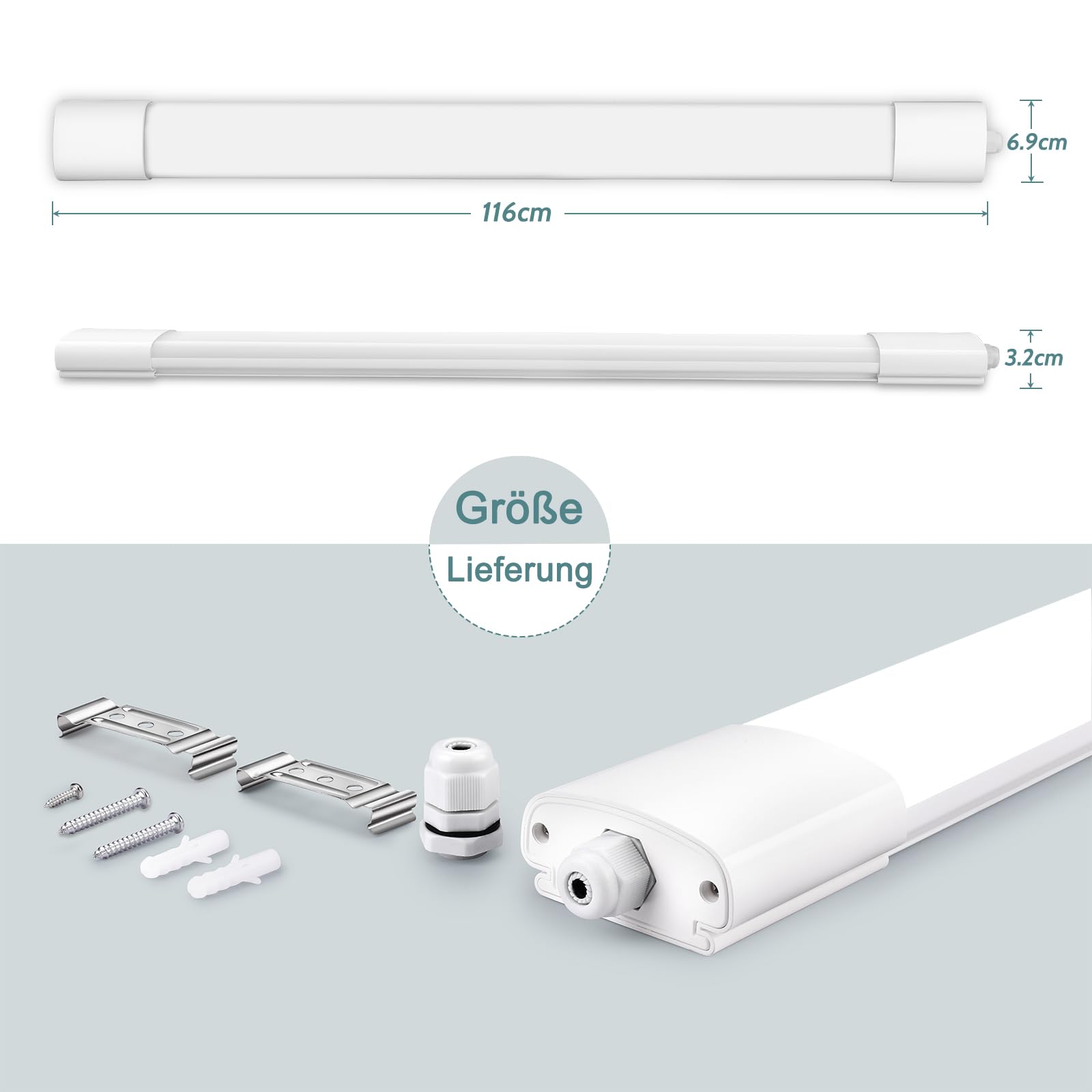Feuchtraumleuchte LED 120CM, 36W 4000LM LED Deckenleuchte 4000K Neutralweiß, Lampe Feuchtraumlampe IP65, Röhre 120CM als Wannenleuchte, Schlafzimmerlampe, Badezimmer Lampe, Garagenlampe