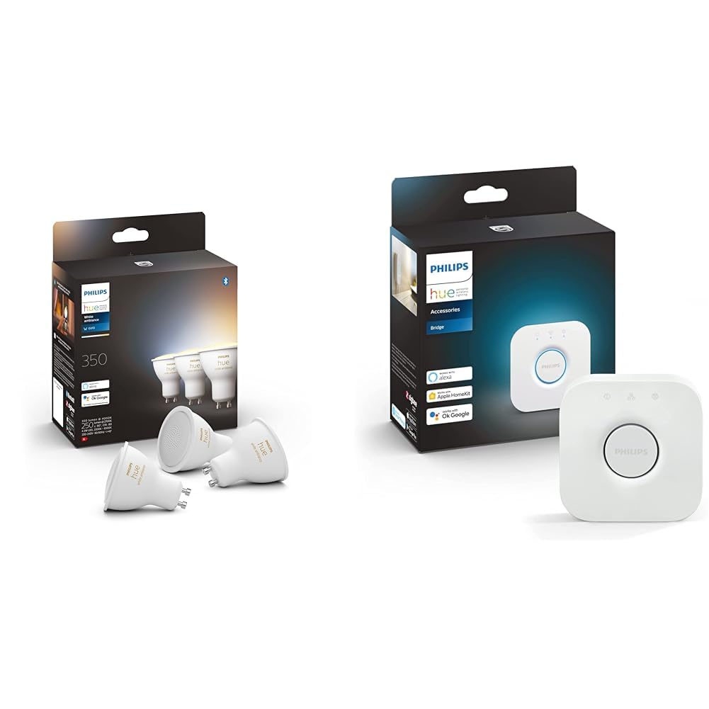 Philips Hue White Ambiance, ampoule LED connectées GU10 4.3W compatible Bluetooth, Lot de 3, fonctionne avec Alexa, Google Assistant et Apple Homekit & Bridge 2.0, Pont
