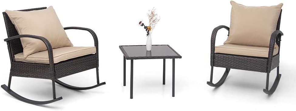 Crestlive Products 3 PCS Patio Furniture Set Rocking Wicker Chairs Cushioned w/Glass Coffee Table Outdoor Indoor Conversation Set for Porch Backyard Poolside Lawn