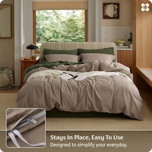 Image of Bedsure 100% Washed Cotton Duvet Cover Queen Size - Light Brown Minimalist Bedding Set Linen Like - PureWoven Plain Simple & Soft Comforter Cover 3-Piece, 3 Pieces (Light Brown, Queen, 90 inchx90 inch)