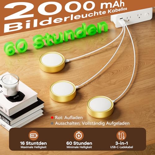 Bonsery Bezprzewodowa lampa ścienna z pilotem zdalnego sterowania, bezprzewodowe oświetlenie magnetyczne, 3 kolory światła, regulacja jasności i timera, 2000 mAh do ponownego ładowania, do ramki