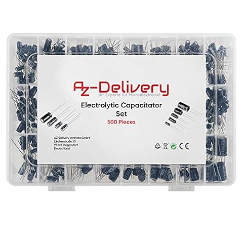 AZDelivery Asortyment ElKo kondensator elektrolityczny aluminiowy 24 wartości 500 sztuk 0.1uF - 1000uF ze skrzynką do przechowywania kompatybilny z Arduino i E-book w zestawie!