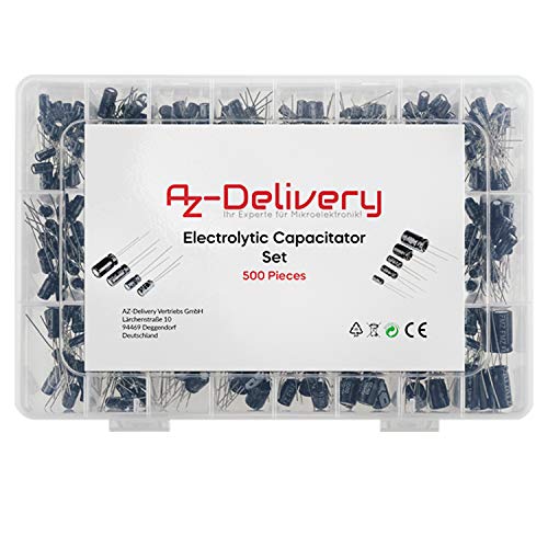 AZDelivery Asortyment ElKo kondensator elektrolityczny aluminiowy 24 wartości 500 sztuk 0.1uF - 1000uF ze skrzynką do przechowywania kompatybilny z Arduino i E-book w zestawie!