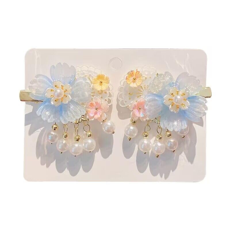 Pinzas para el pelo de flores vintage, un par de pinzas decorativas de flores de cristal azul, pasadores de perlas con borlas, horquillas para el
