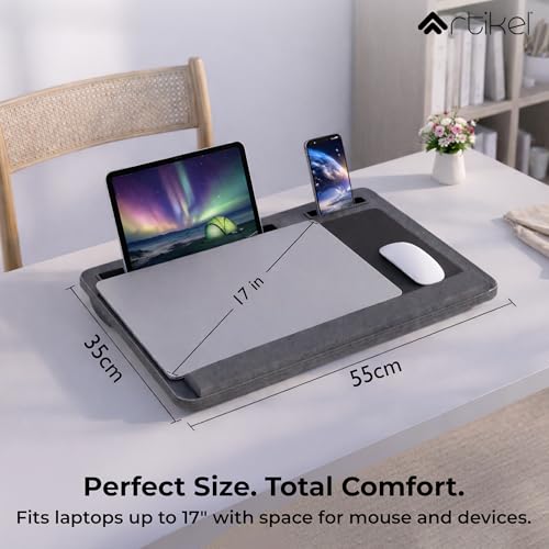 Image of Artikel Lap Desk Pillow for Laptop - Fits Up to 17 inch Laptop Portable Bed Desk Tray Built-in Mouse pad& Wrist Support-Wooden Lapdesk for Work from Home & Study with Cushion (Black)