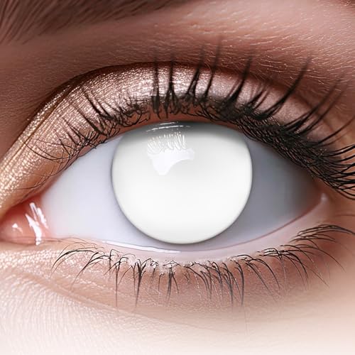 MeralenS Lentilles couleur blanc – Blind White Vision réduite (couvre toute la pupille) Halloween, Shrovetide, Carnaval | 1 paire (2 pièces) | sans correction | 0,00 Dioptries