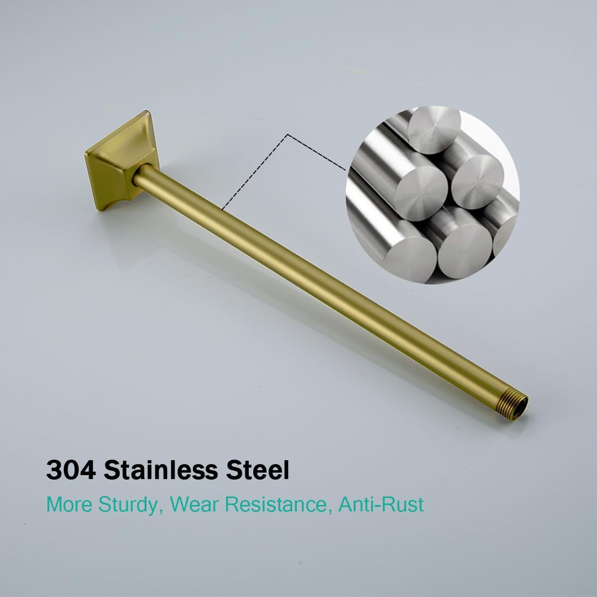 16" Ceiling Mounted Shower Arm Brushed Gold Shower Head Extension with Unique Matching Escutcheon, Standard 1/2" Connection