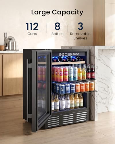 Image of 24 In Beverage Refrigerator, 112 Cans & 8 Bottles Wine Fridge with Double-Layer Glass Door, Built-In or Freestanding Wine and Beverage Refrigerator, Under Counter Fridge for Home /Bar /Cafe