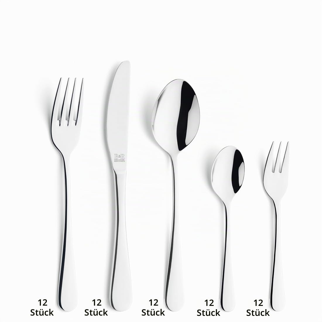Beckmann & Rommerskirchen Besteck-Set Viva 60-tlg., 18/10 Edelstahl | Hochglanzpoliertes, spülmaschinenfestes Besteck mit weichen Linien, Menümessern, Gabeln, Löffeln und Kaffeelöffeln