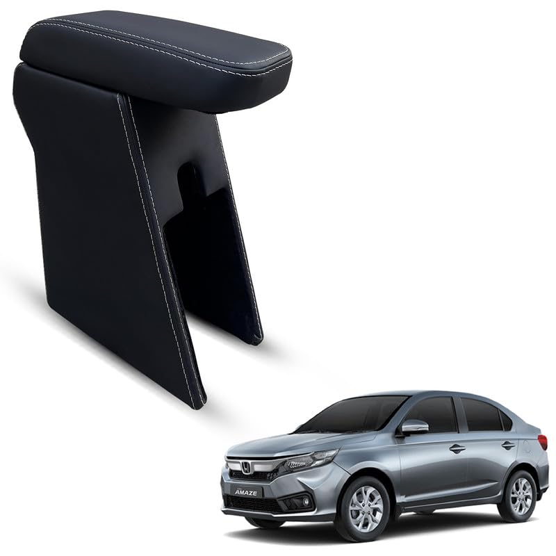 Image of Carigiri Premium Finish Car Armrest with Storage Box And High Density Moulded Foam For Honda Amaze (Models-2018-2024) (Black With White Double Stitching,Nappa Leatherette)