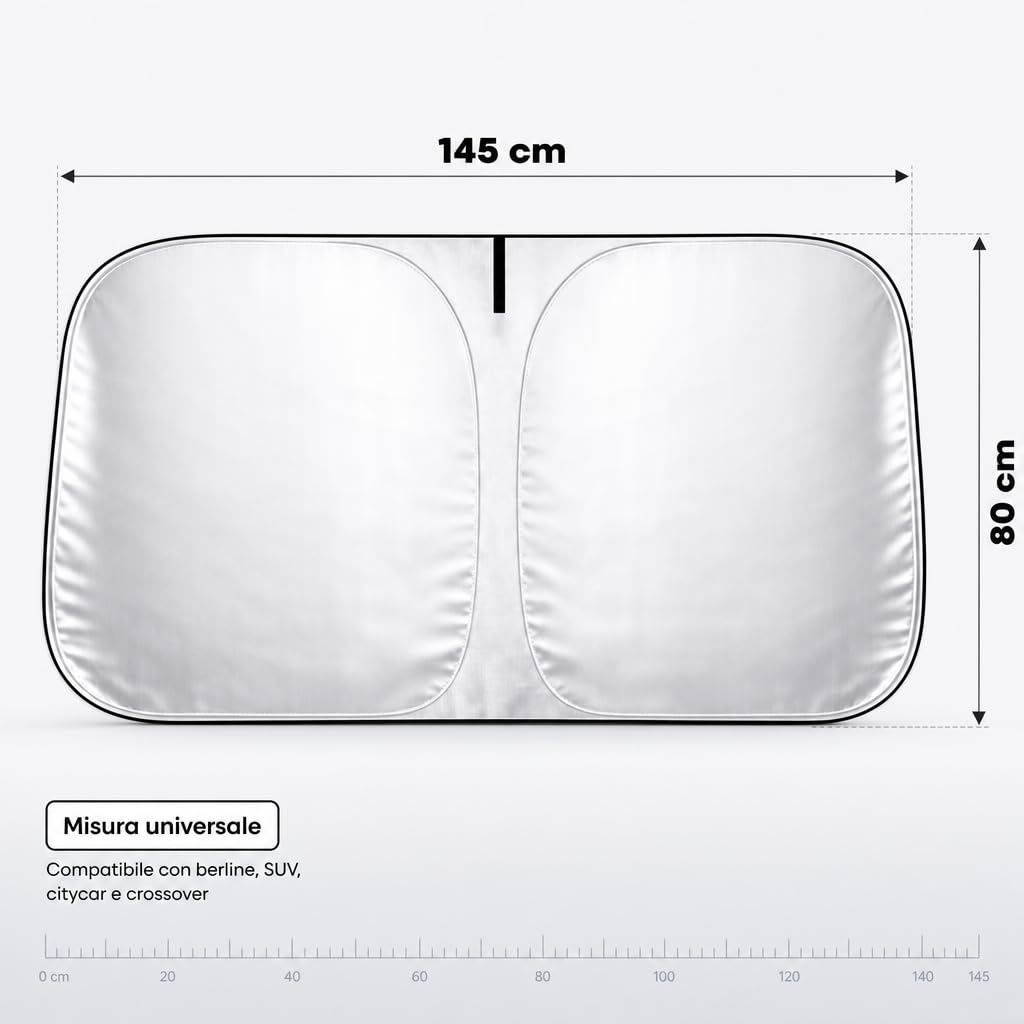 PRISMAL Parasole Auto Parabrezza Interno - Protezione UV e Anti Calore - Tendina Parasole Pieghevole Universale - Copri Parabrezza Riflettente Senza Ventose (145x80 cm)