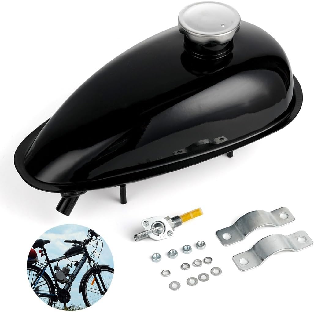 2L Fuel Tank For Motorized Bicycles, Fits 49Cc 66Cc 80Cc, Includes Cap, Switch Valve & Installation Accessories