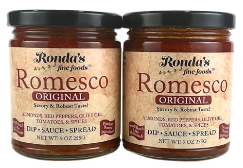 Romesco Dip, Spread, Topping & Sauce – 2CT 9.0oz Jars - Thick, Small-Batch Romesco with Almonds, Pure Olive Oil, Red Peppers, & Tomato – Keto, Vegan, Gluten-Free Red Sauce for Fish, Meat, Veggies, & Chicken by Ronda’s Fine Foods