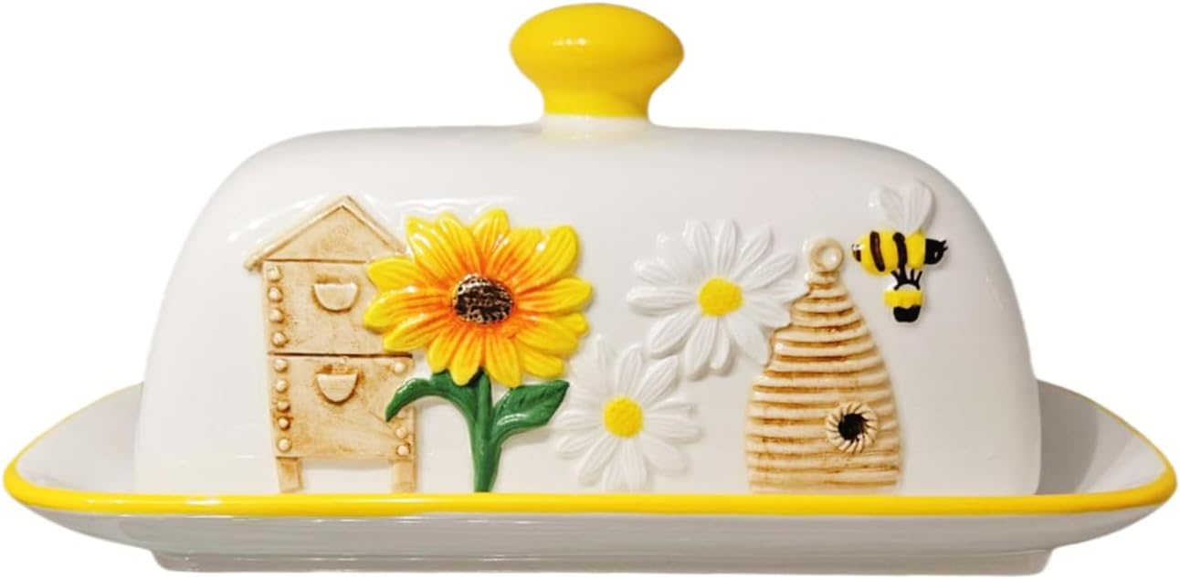 HAN SHENG Ceramic Butter Dish with Lid - Airtight Butter Keeper & Honeycomb Embossed Design - Farmhouse Countertop Storage, Rustic Kitchen Decor, Bee Garden Gift for Butter Lovers