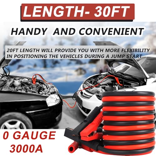 Heavy Duty Jumper Cables, 0 Gauge 30FT Automotive Booster Jumper Cable for Car, SUV,Vans &Truck Battery, Jumper Cable with Strong Clamps & Thiekened Inner Core, Carry Bag and Gloves Included