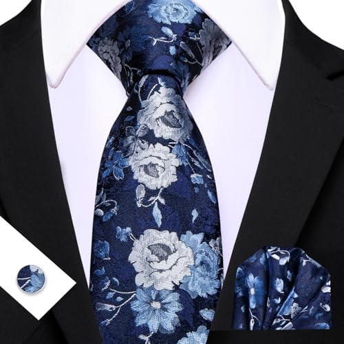 Image of Barry.Wang Flower Ties for Men Handkerchief Cufflinks Set Wedding Necktie Set Party