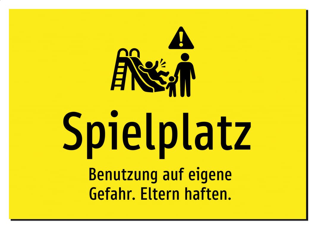 Spielplatz - Benutzung auf eigene Gefahr. Eltern haften. – Aluminiumschild A4: 297x210mm – Mit Grafik und Text