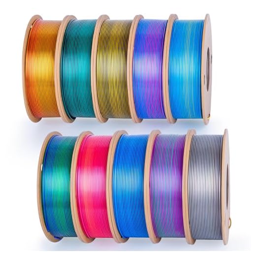 ⚡ Silk PLA Filament 1.75mm Bundle, Shiny Metallic Multi-Color 3D Printer Filament 10-Pack (250g/Spool, 2.5kg Total), High Gloss & Smooth Finish for Articulated Dragon Toys, 3D Art Crafts & Gifts