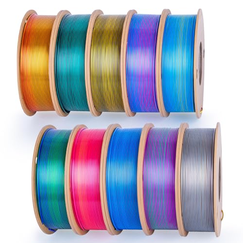 Image of Silk PLA Filament 1.75mm Bundle, Shiny Metallic Multi-Color 3D Printer Filament 10-Pack (250g /Spool, 2.5kg Total), High Gloss & Smooth Finish for Articulated Dragon Toys, 3D Art Crafts & Gifts
