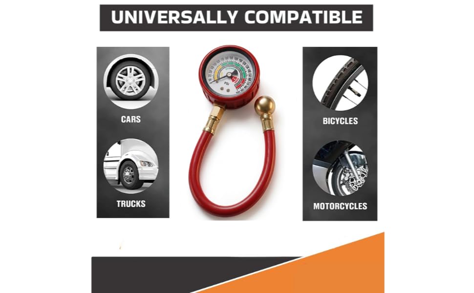 Image of Tire Pressure Analog Gauge with Hose - Heavy-Duty Air Pressure Checker for Car, Truck, Motorcycle, and Bike - Portable Manual PSI Meter (Pipe Hose Big Gauge)