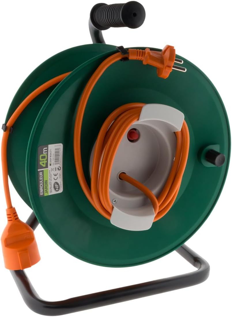 Reel without plug 2 x 1.5 mm² 40 m metal foot + circuit breaker – Green/Orange Zenitech
