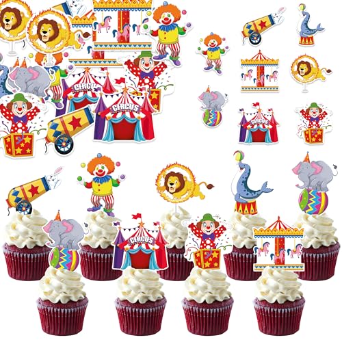48Pcs Edible Circus Cupcake Toppers Wafer Paper Circus Animals Party Cake Toppers Picks Carnival Theme Baby Shower Kids Birthday Party Supplies