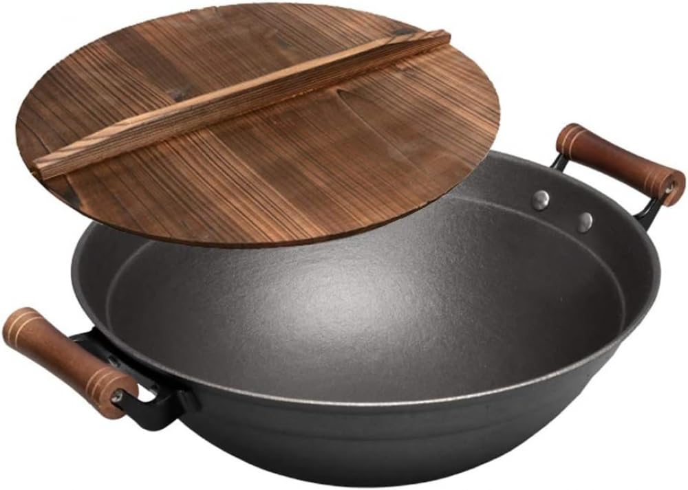 Wok in ghisa Pre-stagionato da 16 Pollici, pentola da Chef con Coperchio e Spazzola(34cm)