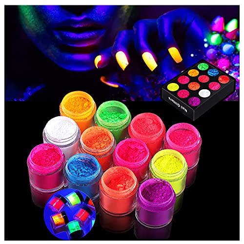 12 Color Pigment Nail Powder,Colorful Fluorescent Nail Pigments Dust Ultrafine Luminous Powder Nail Iridescent Glitter 3D Diy Nail Art Decoration #TOP3