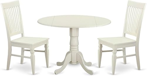 East West Furniture DLWE3-WHI-W - Juego de comedor de 3 piezas para espacios pequeños que contiene una mesa de comedor redonda con gotas y 2 sillas