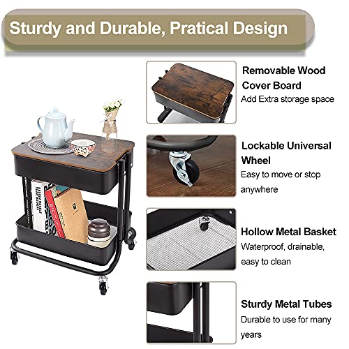 2 Tier Metal Utility Rolling Cart Storage Organizer With Cover Board, Mobile Trolley Sofa Side Table With Wheels For Office Home Kitchen Organization, Black #TOP2