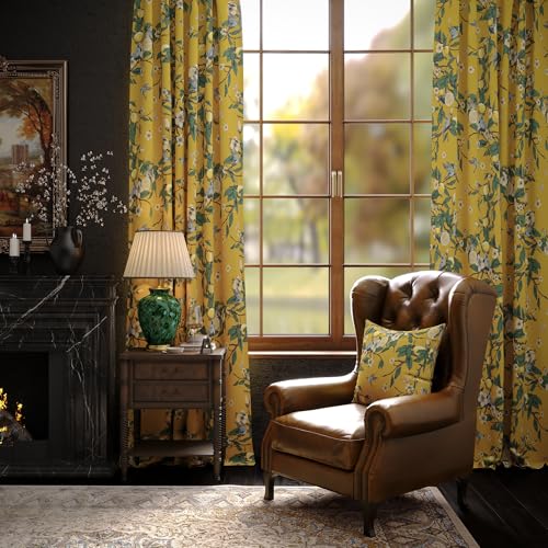 NICETOWN Mustard Yellow Vintage Curtains 84 Inches Long, Mid Century Illustration Style Lemon Hummingbird Patterned Room Darkning Drapes for Living Ro