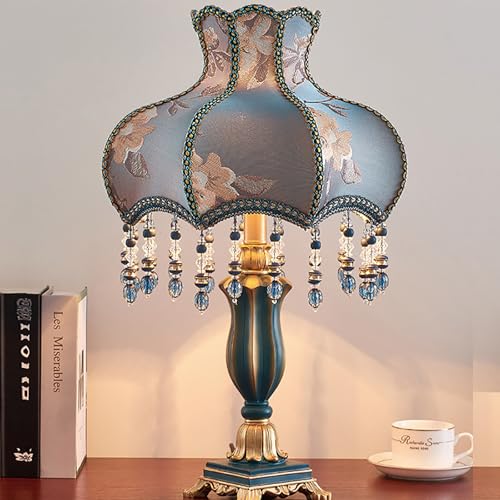Victorian Style Table Lamp, Antique Fabric Decorative Desk Lamp with Fringe, Floral Bedside Light, European Nightstand Lamp for Bedroom and Living Room