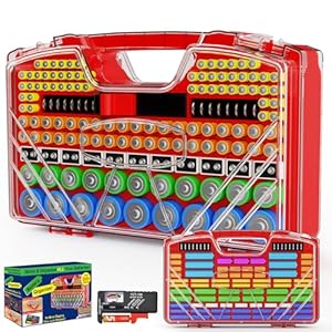 Battery Organizer Storage Holder Box Case with Tester, New Ultra-Large 285+Batteries Double-Sided Variety Pack, Holds AA AAA 4A C D Button Cell 9V 3V Lithium18650 CR2 CR123 CR1632 LR44 (Red)
