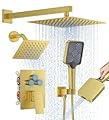 Shower Faucet Set, 10" Wall Mount Rainfall Shower System with 2 Rain Shower Head and Multi-function Handheld Head Push Button Diverter Shower Faucet Trim Kit Brushed Gold
