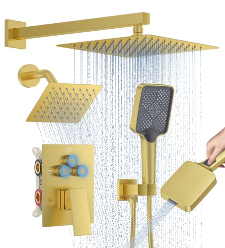 Image of Woindo Shower Faucet Set, 10 inch Wall Mount Rainfall Shower System with 2 Rain Shower Head and Multi-function Handheld Head Push Button Diverter Shower Faucet Trim Kit