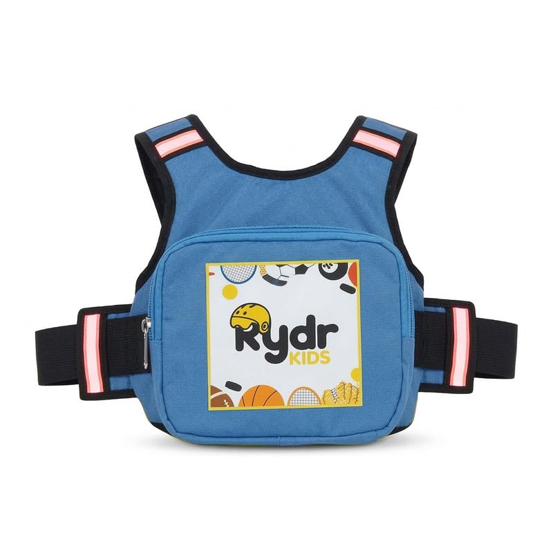 Image of RYDR Premium Motorcycle Safety Harness for Kids (2-12 Years) Adjustable Two-Wheeler Safety Belt for Child Rider with Reflective Strip & Storage Pocket (Blue, with Pocket)