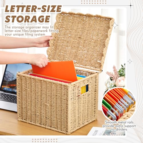 Image of Jingmore File Organizer Box with Scalloped Lid, Paper Rope, Brown | Portable Storage Box Collapsible Letter Hanging Filing Organizer Basket for Office /home, Woven Wicker Decorative Document Box