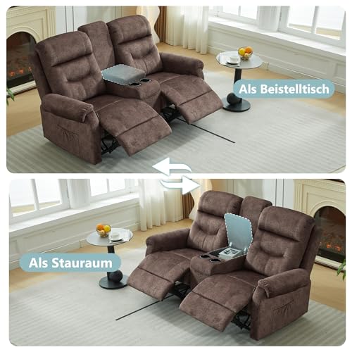 SITURAY Zweisitzer Relaxsessel mit Liegefunktion Fußteil, Manuell Verstellbar 2 Sitzer Fernsehsessel Doppel TV Sessel, 2er Samt Stoffbezug Kinosessel mit Konsole für Wohnzimmer,bis 360 kg (Braun) – Bild 7