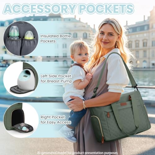 Image of Pritent Diaper Bag Tote for Working Mom, Large Travel Diaper Tote for Mom and Dad with 14 Inch Laptop Sleeve, Mommy Maternity Travel Baby Bag for Boys and Girls, Green