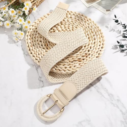Image of SANSTHS Women Wide Woven Belt for Dresses Fashion Rattan Braided Waist Belt Straw Raffia Boho Belt for Jeans