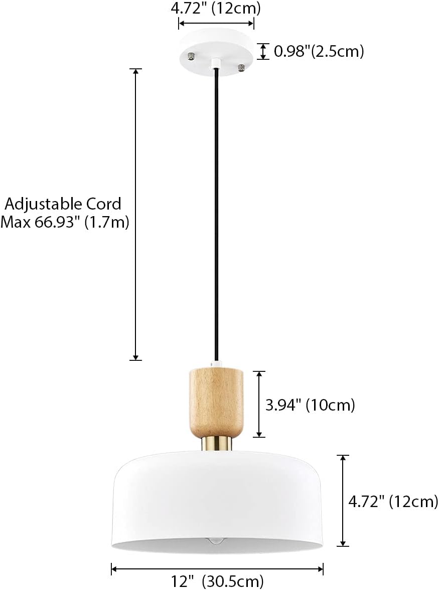 Modern Pendant Lighting, 12 Inch Large Pendant Lamp, Wood and Brass Accent, Adjustable Metal Hanging Light Fixture for Kichen, Dining Room, White - - 